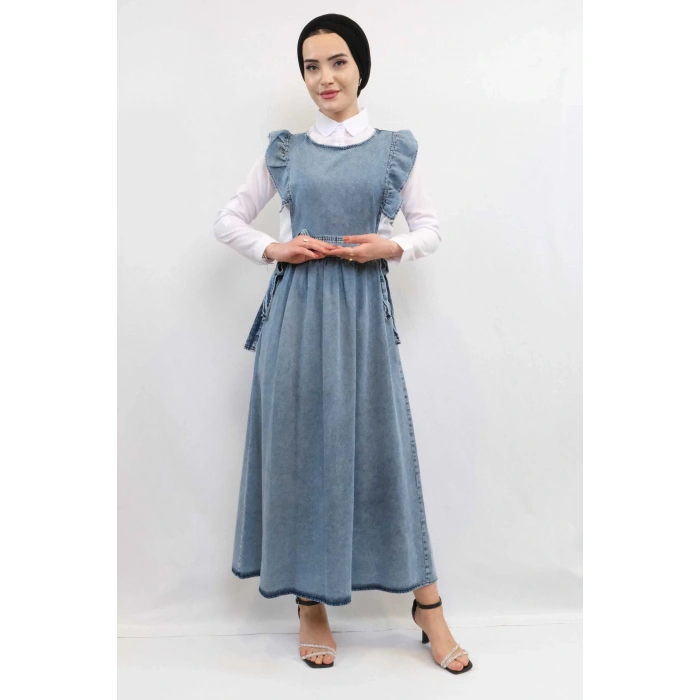 Moda Çizgi Fırfırlı Salopet Kot Elbise Mavi