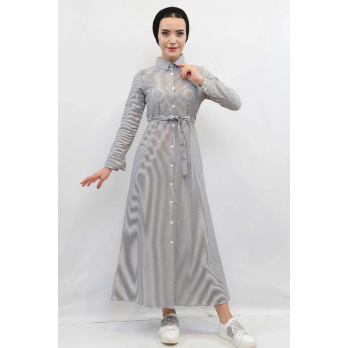 Moda Çizgi Gofre Elbise Gri