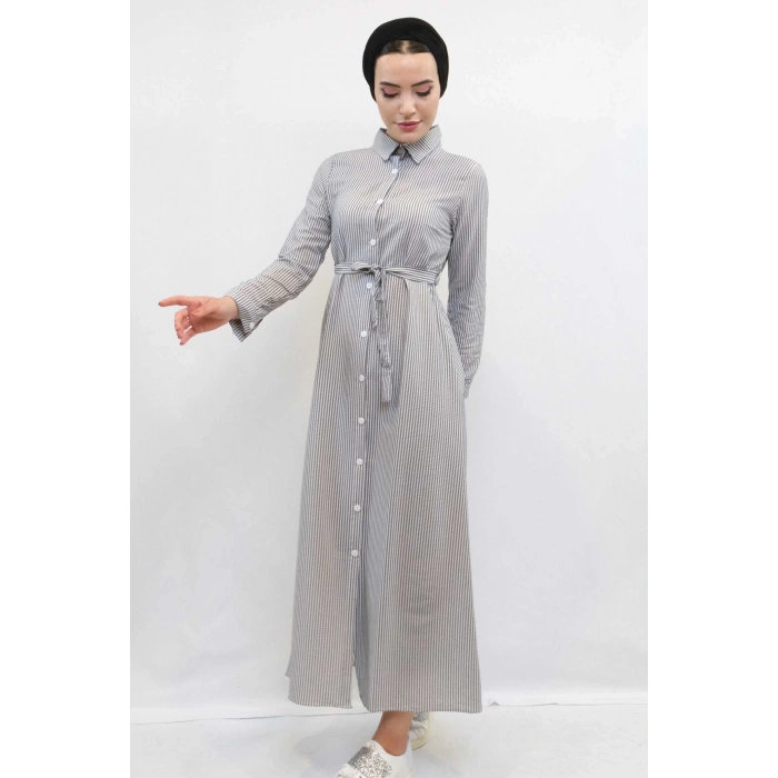 Moda Çizgi Gofre Elbise Gri