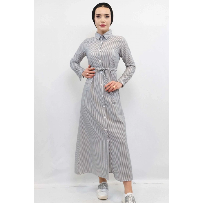 Moda Çizgi Gofre Elbise Gri