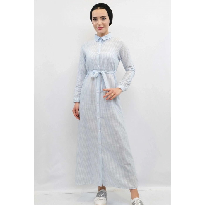 Moda Çizgi Gofre Elbise Mavi