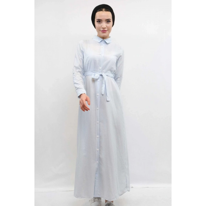 Moda Çizgi Gofre Elbise Mavi