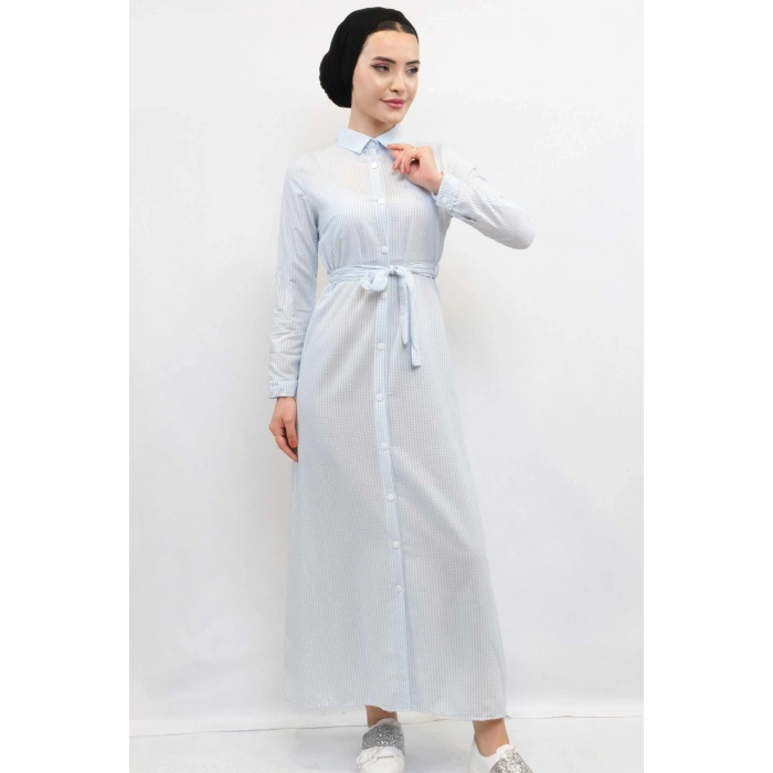 Moda Çizgi Gofre Elbise Mavi