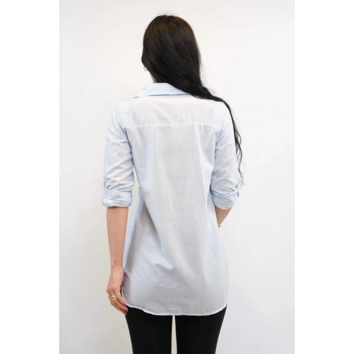 Moda Çizgi Gofre Gömlek Mavi