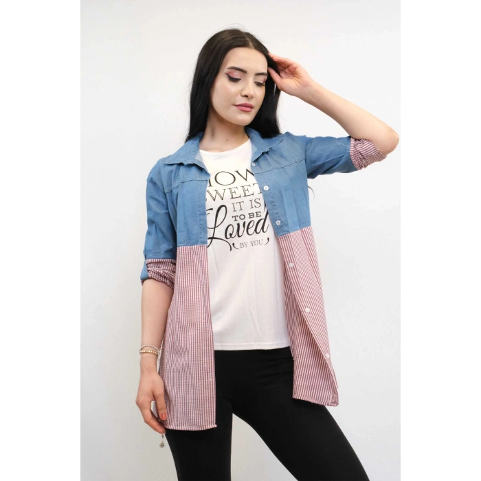 Moda Çizgi Gömlek İçi T-shirt İkili Takım Bordo