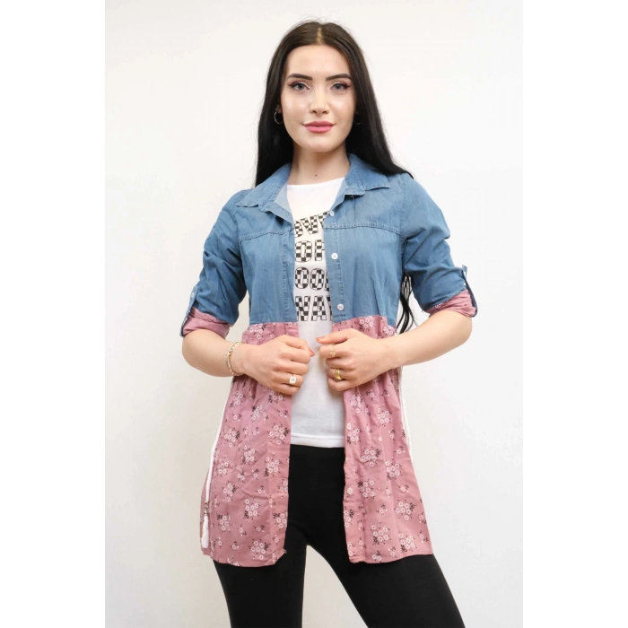 Moda Çizgi Gömlek İçi T-shirt İkili Takım Pudra