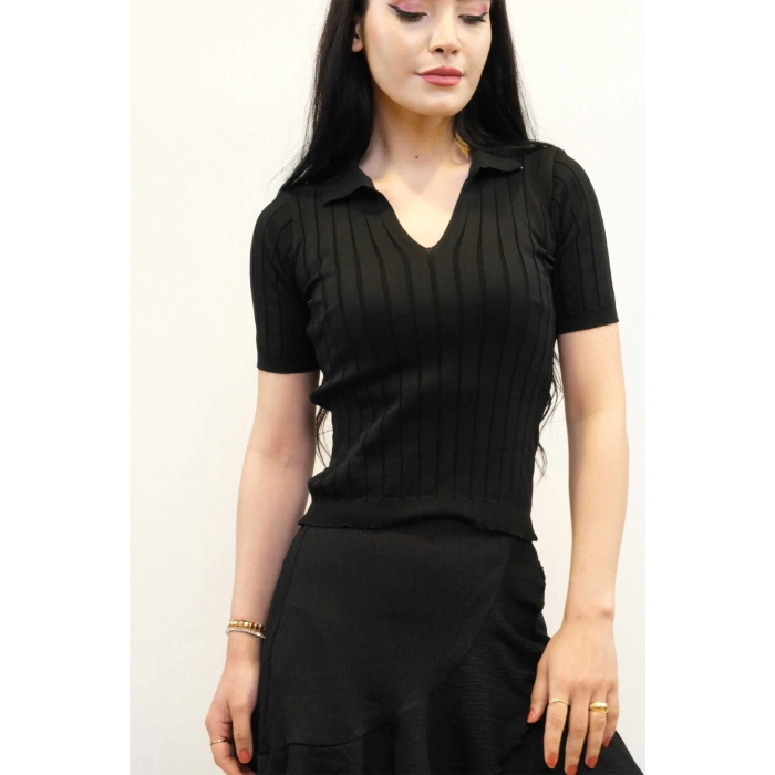 Moda Çizgi Gömlek Yaka Triko Bluz Siyah