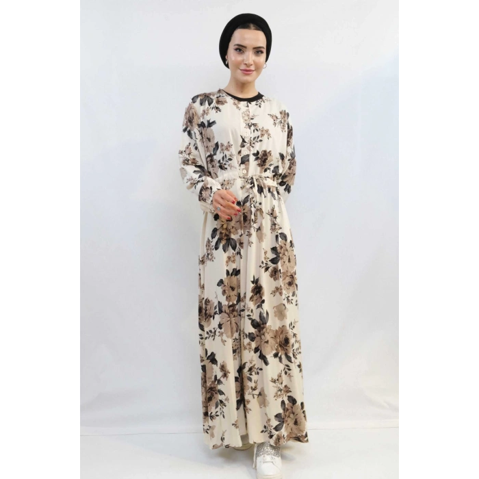 Moda Çizgi Gül Desenli Elbise MC4101 Bej