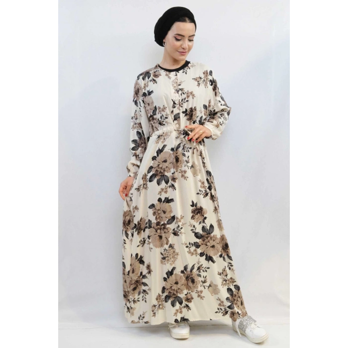 Moda Çizgi Gül Desenli Elbise MC4101 Bej
