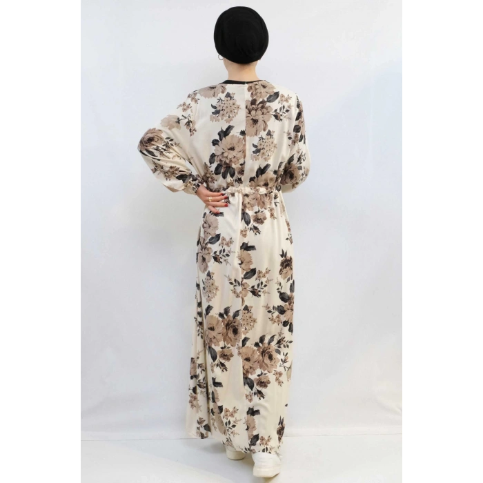 Moda Çizgi Gül Desenli Elbise MC4101 Bej