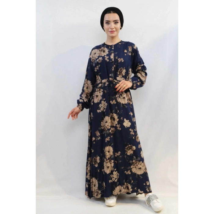 Moda Çizgi Gül Desenli Elbise MC4101 Lacivert