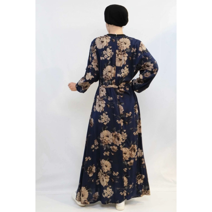 Moda Çizgi Gül Desenli Elbise MC4101 Lacivert