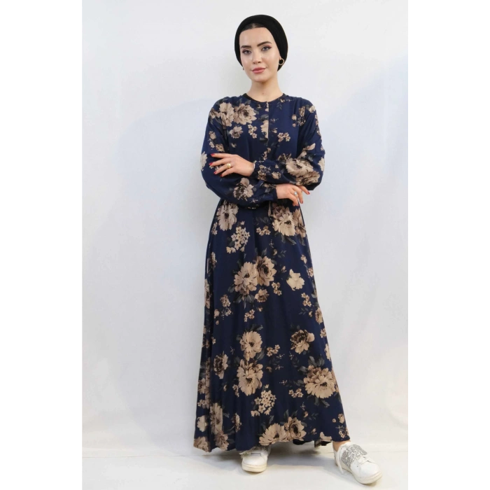 Moda Çizgi Gül Desenli Elbise MC4101 Lacivert