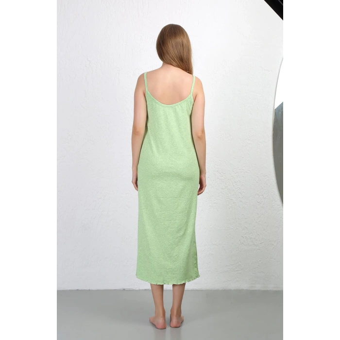 Moda Çizgi İp Askılı Uzun Yırtmaçlı Penye Gecelik 90125 Fıstık Yeşili