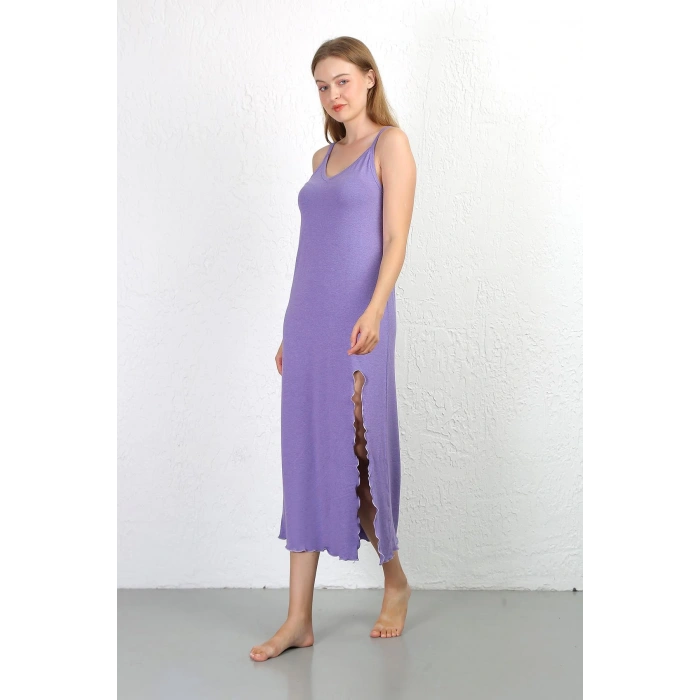 Moda Çizgi İp Askılı Uzun Yırtmaçlı Penye Gecelik 90125 Lila