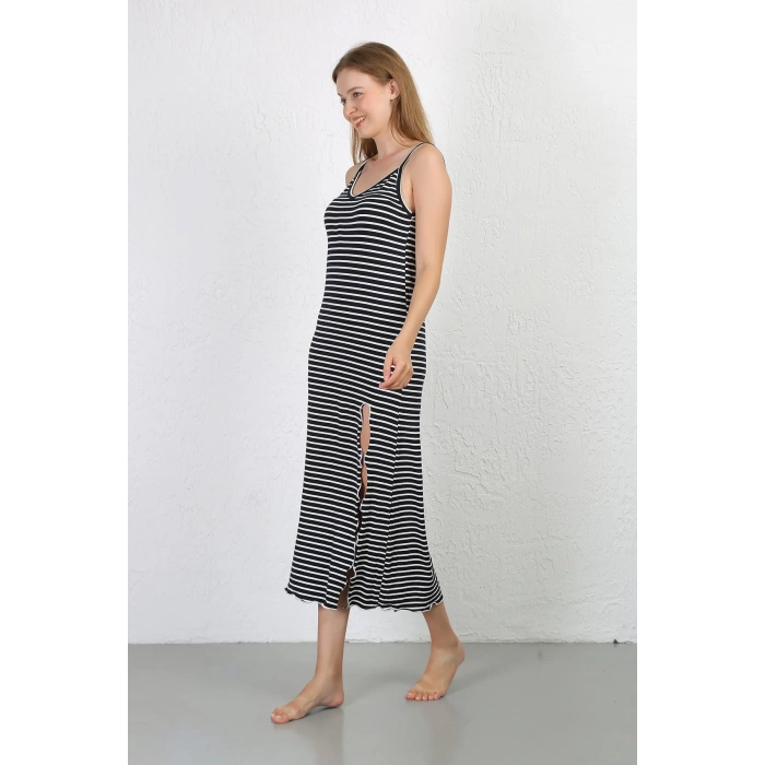 Moda Çizgi İp Askılı Uzun Yırtmaçlı Penye Gecelik 90127