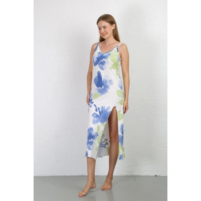 Moda Çizgi İp Askılı Uzun Yırtmaçlı Penye Gecelik 90128