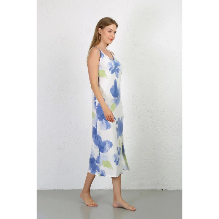 Moda Çizgi İp Askılı Uzun Yırtmaçlı Penye Gecelik 90128