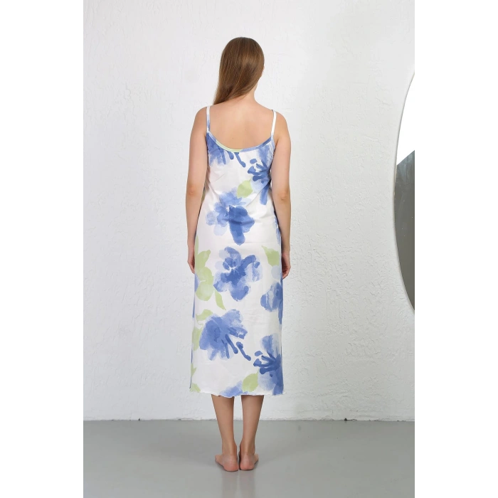 Moda Çizgi İp Askılı Uzun Yırtmaçlı Penye Gecelik 90128