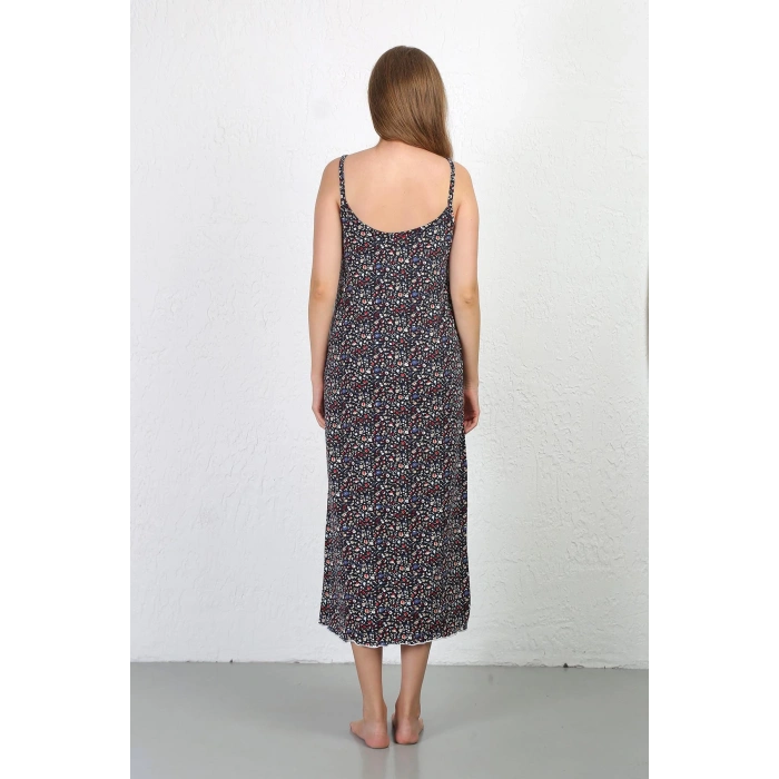 Moda Çizgi İp Askılı Uzun Yırtmaçlı Penye Gecelik 90129 Lacivert