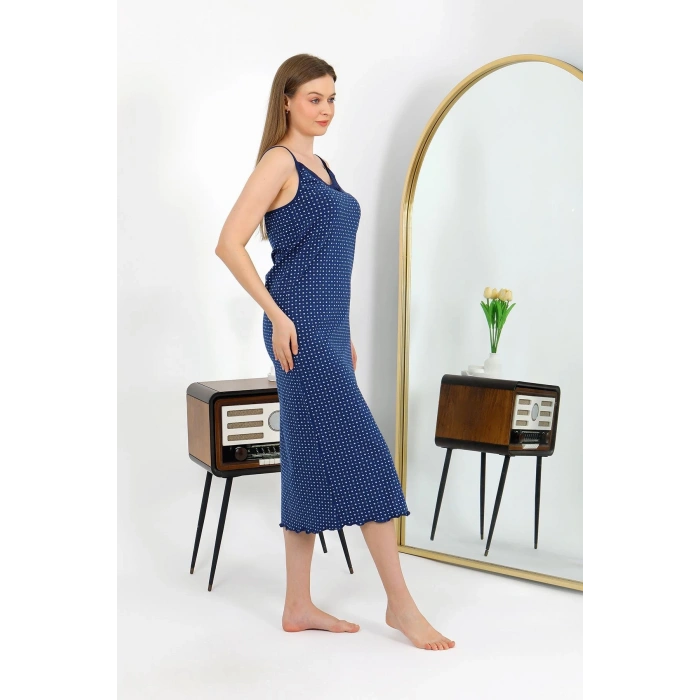 Moda Çizgi İp Askılı Uzun Yırtmaçlı Penye Gecelik 90130 Lacivert