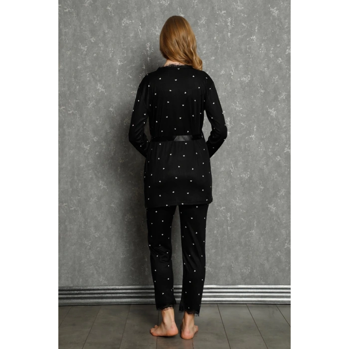 Moda Çizgi Kadın %100 Pamuk 3lü Sabahlık Pijama Takım 16103