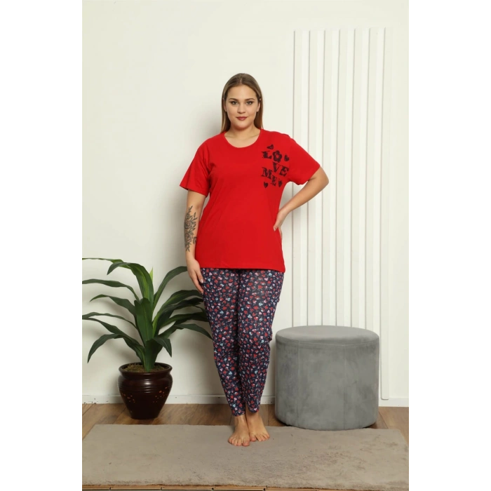 Moda Çizgi Kadın %100 Pamuk Kısa Kol Büyük Beden Pijama Takım 202144