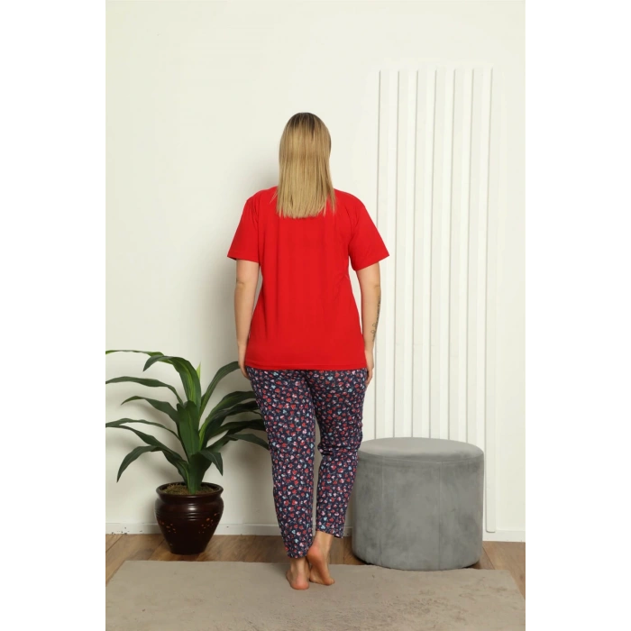 Moda Çizgi Kadın %100 Pamuk Kısa Kol Büyük Beden Pijama Takım 202144