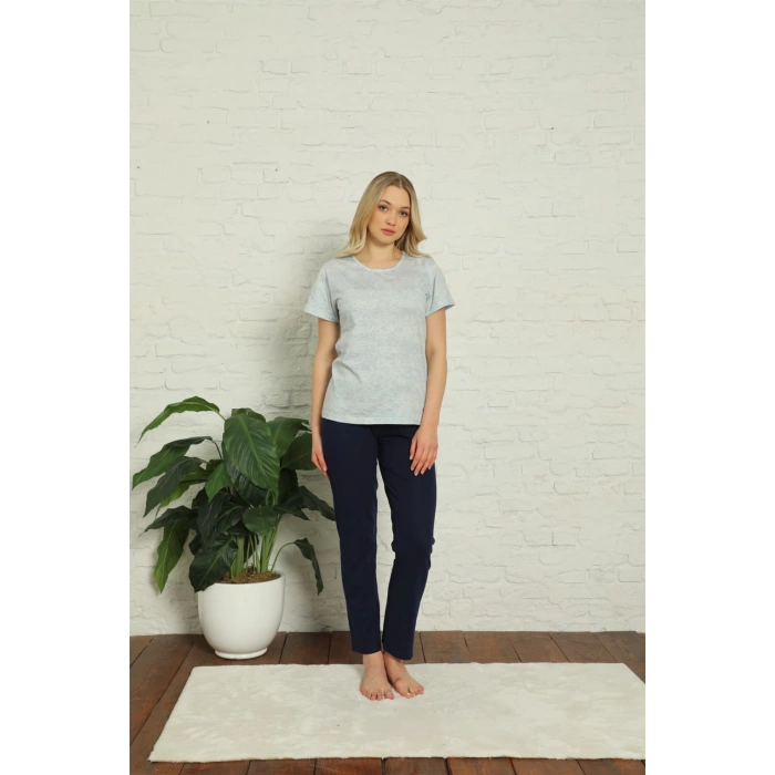 Moda Çizgi Kadın %100 Pamuk Penye Kısa Kol Pijama Takım 3381