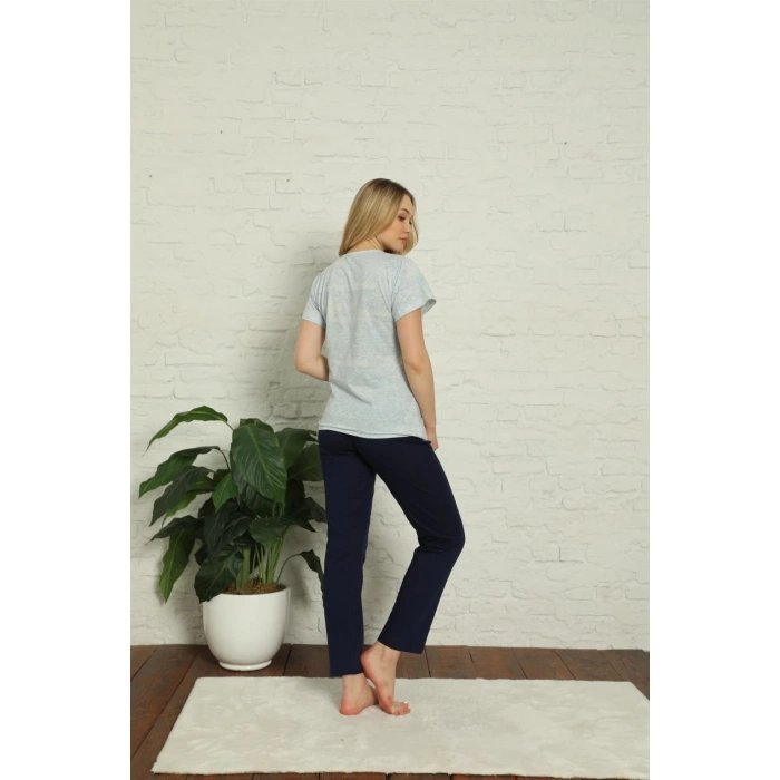 Moda Çizgi Kadın %100 Pamuk Penye Kısa Kol Pijama Takım 3381