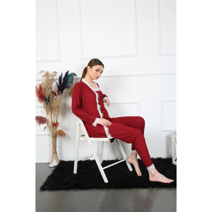 Moda Çizgi Kadın 3lü Bordo Sabahlık Takım 16108