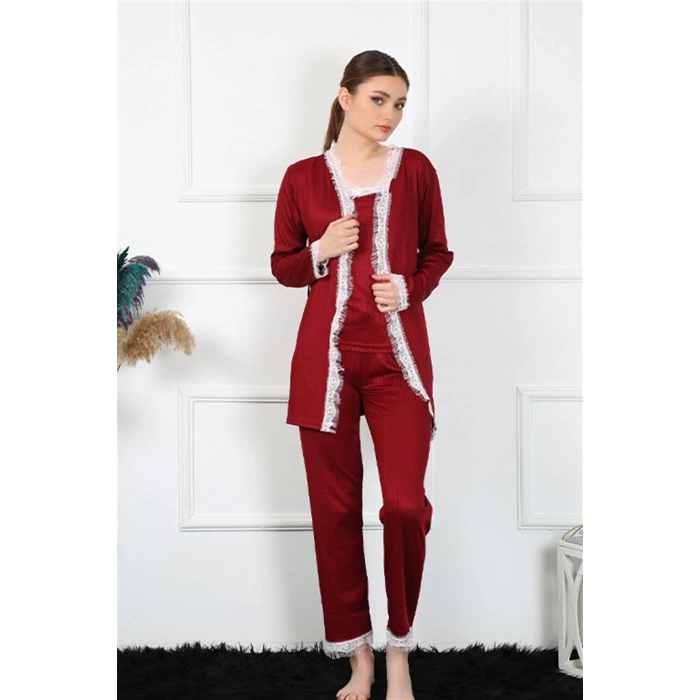 Moda Çizgi Kadın 3lü Bordo Sabahlık Takım 16108