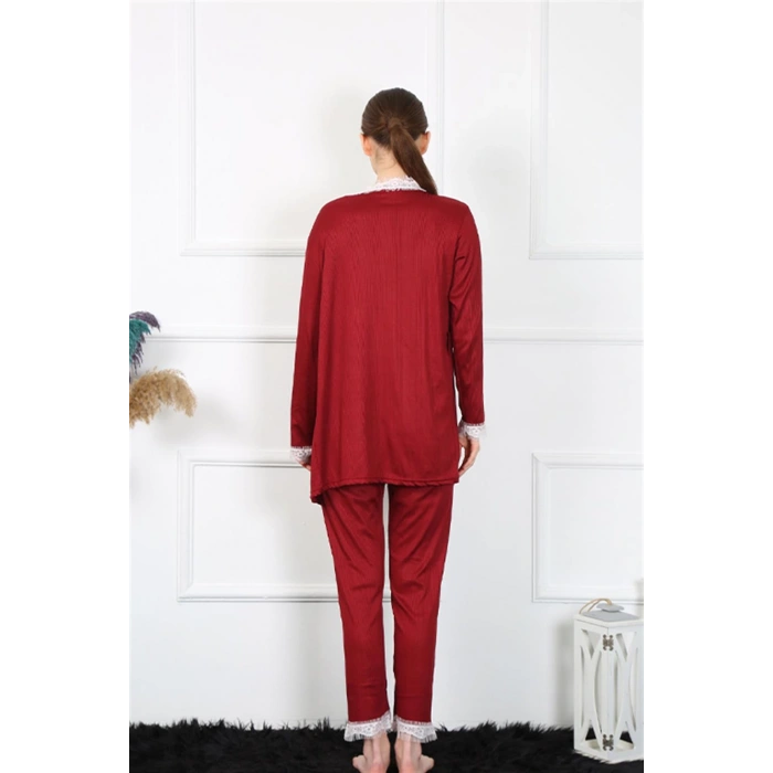 Moda Çizgi Kadın 3lü Bordo Sabahlık Takım 16108