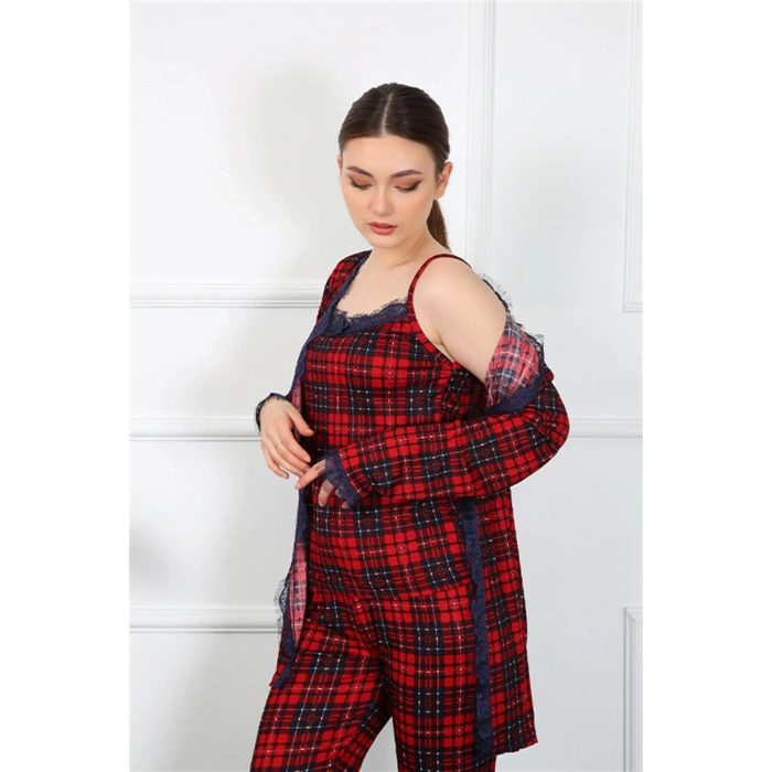 Moda Çizgi Kadın 3lü Ekoseli Sabahlık Takım 16106