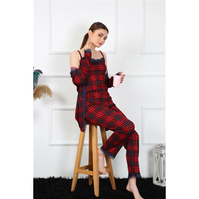 Moda Çizgi Kadın 3lü Ekoseli Sabahlık Takım 16106