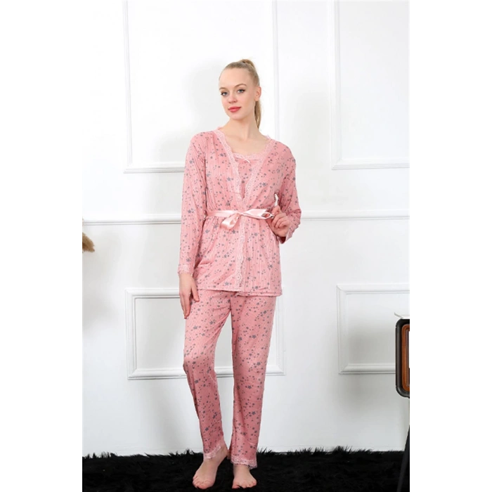 Moda Çizgi Kadın 3lü Gül Kurusu Sabahlık Pijama Takım 16103