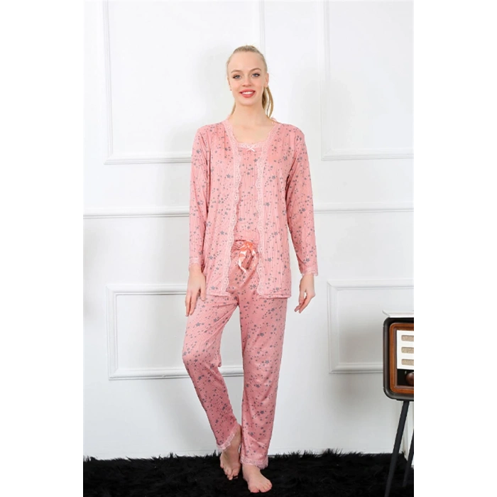 Moda Çizgi Kadın 3lü Gül Kurusu Sabahlık Pijama Takım 16103