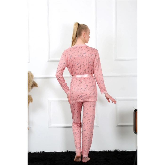 Moda Çizgi Kadın 3lü Gül Kurusu Sabahlık Pijama Takım 16103
