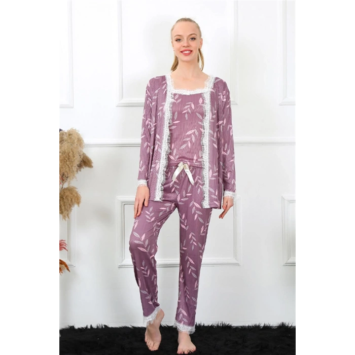 Moda Çizgi Kadın 3lü Lila Sabahlık Pijama Takım 16103