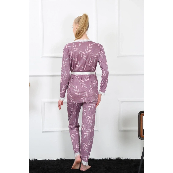 Moda Çizgi Kadın 3lü Lila Sabahlık Pijama Takım 16103