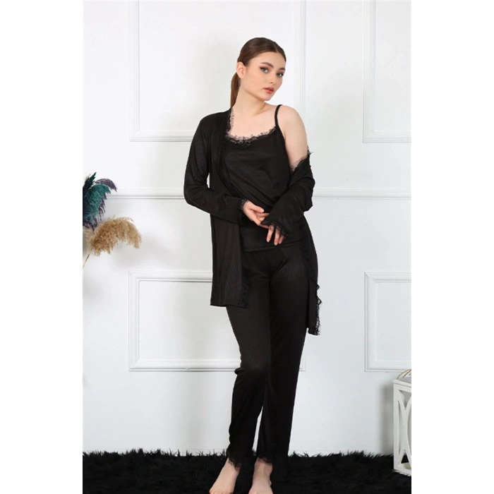 Moda Çizgi Kadın 3lü Siyah Sabahlık Takım 16108