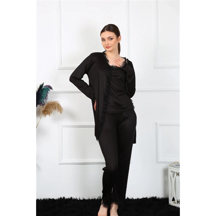 Moda Çizgi Kadın 3lü Siyah Sabahlık Takım 16108