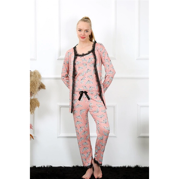 Moda Çizgi Kadın 3lü Somon Sabahlık Pijama Takım 16103
