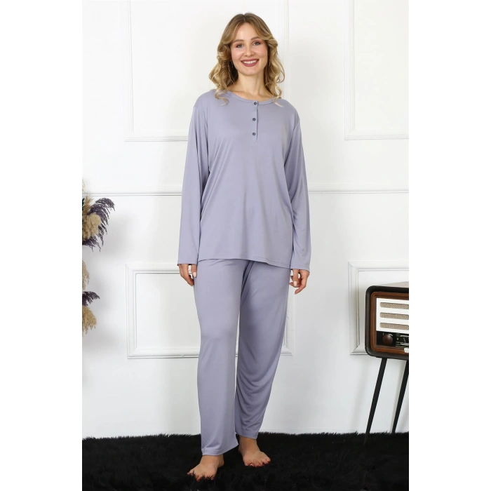 Moda Çizgi Kadın 4XL-5XL-6XL-7XL-8XL Büyük Beden Lila Uzun Kol Pijama Takım 75013