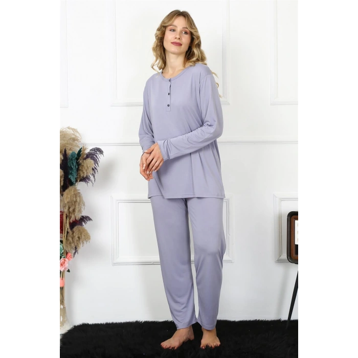 Moda Çizgi Kadın 4XL-5XL-6XL-7XL-8XL Büyük Beden Lila Uzun Kol Pijama Takım 75013