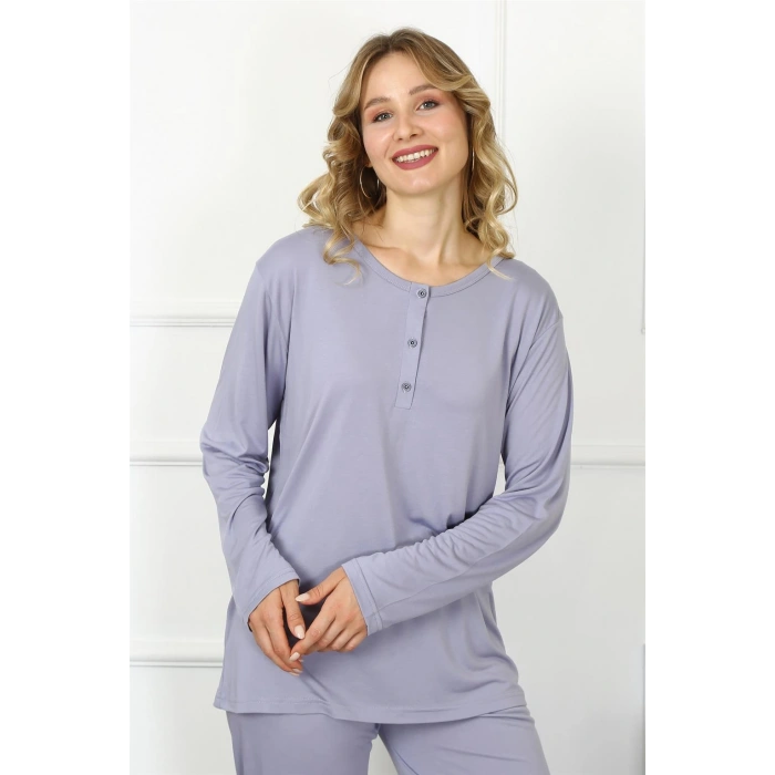 Moda Çizgi Kadın 4XL-5XL-6XL-7XL-8XL Büyük Beden Lila Uzun Kol Pijama Takım 75013
