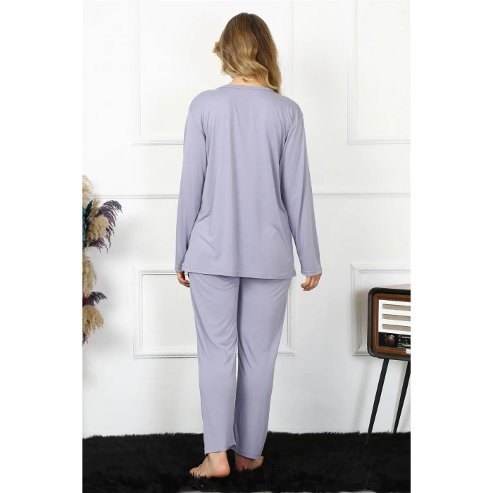 Moda Çizgi Kadın 4XL-5XL-6XL-7XL-8XL Büyük Beden Lila Uzun Kol Pijama Takım 75013