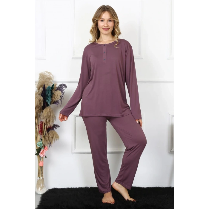 Moda Çizgi Kadın 4XL-5XL-6XL-7XL-8XL Büyük Beden Mürdüm Uzun Kol Pijama Takım 75013