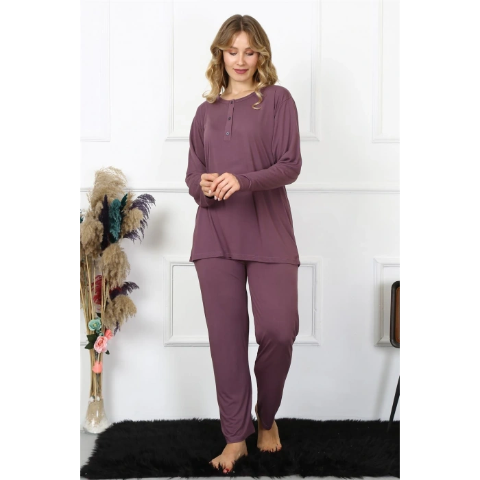 Moda Çizgi Kadın 4XL-5XL-6XL-7XL-8XL Büyük Beden Mürdüm Uzun Kol Pijama Takım 75013