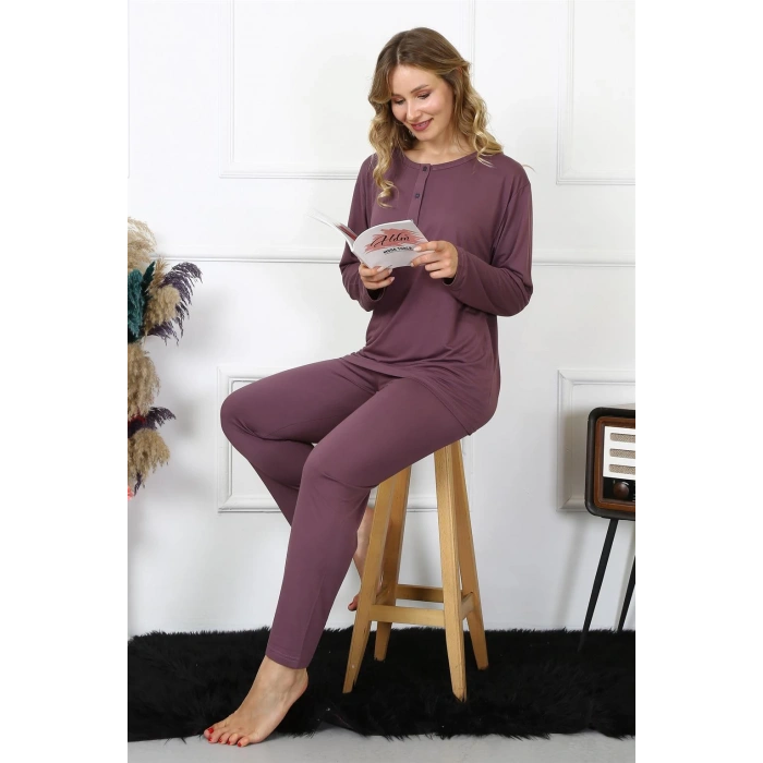 Moda Çizgi Kadın 4XL-5XL-6XL-7XL-8XL Büyük Beden Mürdüm Uzun Kol Pijama Takım 75013